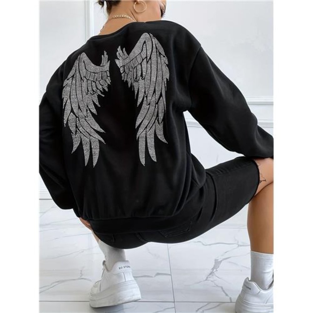 Rhinestone sweater Angel Wings Sweatshirt, Long Sleeve Crew Neck sweater shiny - Picture 7 of 12